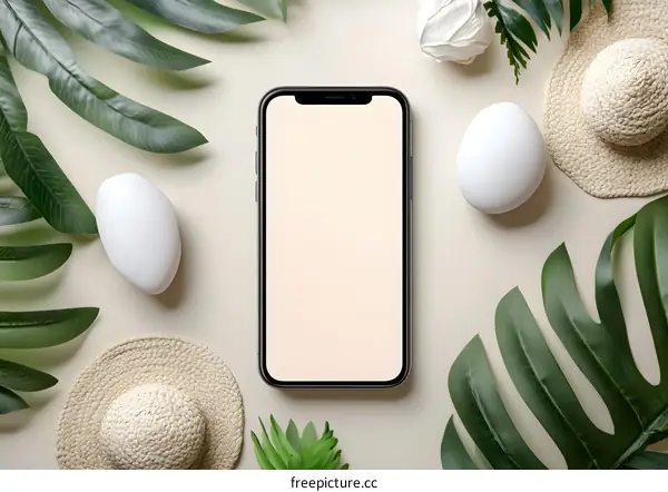 Flat Lay with Smartphone, Green Leaves and Straw Hats