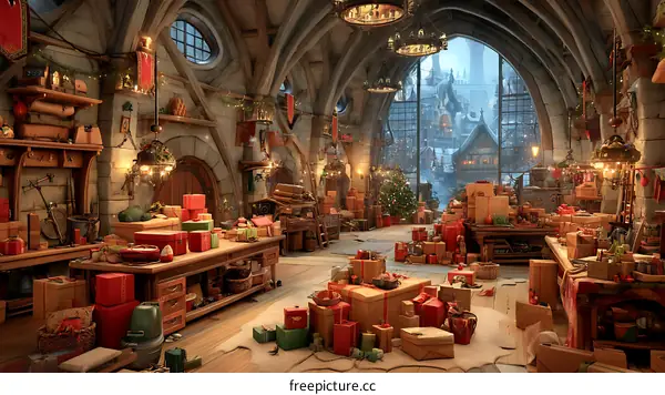 Christmas Workshop Filled with Gifts and Decorations