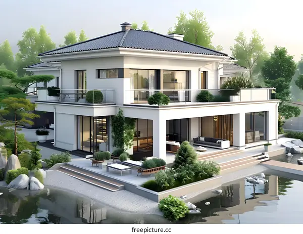 A three-story white villa in a modern style