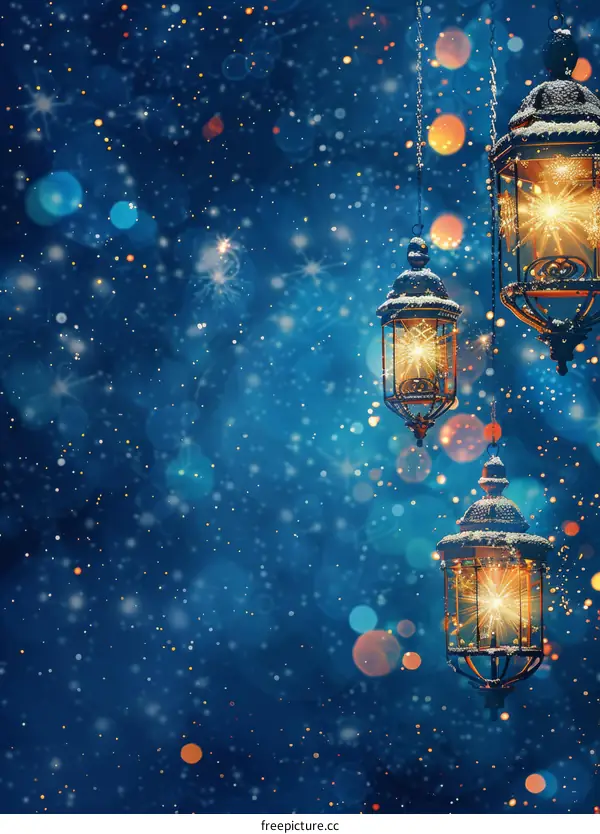 Winter Wonderland with Glowing Lanterns At Night