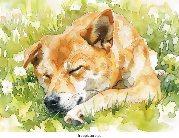 A watercolor painting of a dog sleeping in a field of grass