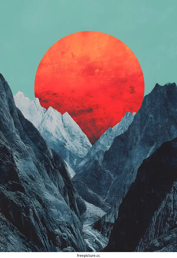Red Sun Over Mountains Abstract Art