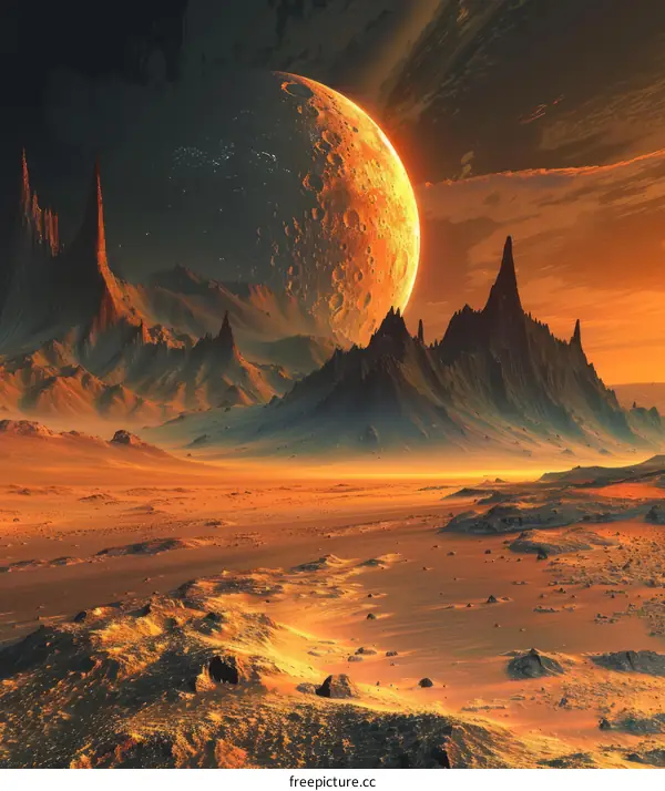 Barren alien planet with two moons