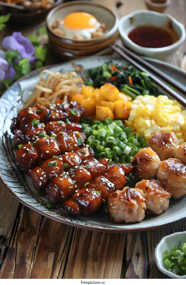 Delicious Japanese Food Plate with Grilled Meat, Vegetables and Sesame Seeds