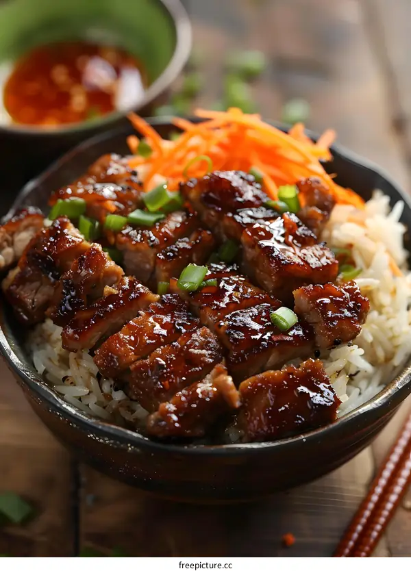 Asian Style Teriyaki Chicken Rice Bowl with Carrot and Green Onions