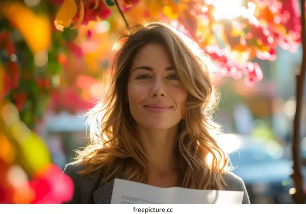 Portrait of a young woman smiling in front of a colorful backdrop