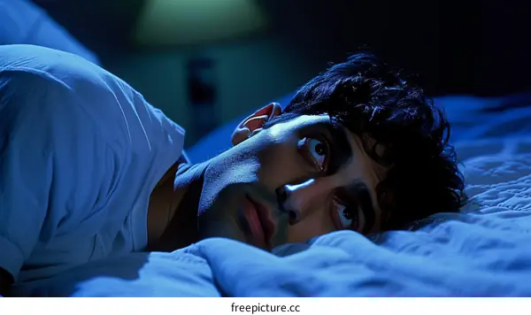 man awake in bed at night