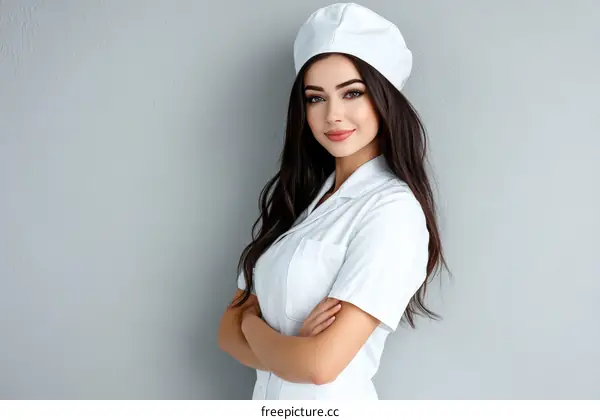 Confident Female Healthcare Professional in White Uniform