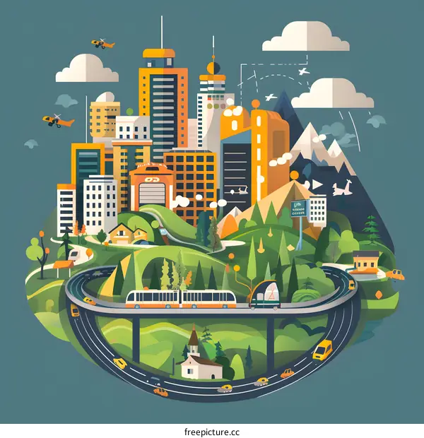Futuristic Cityscape Illustration with Green Hills and Transportation