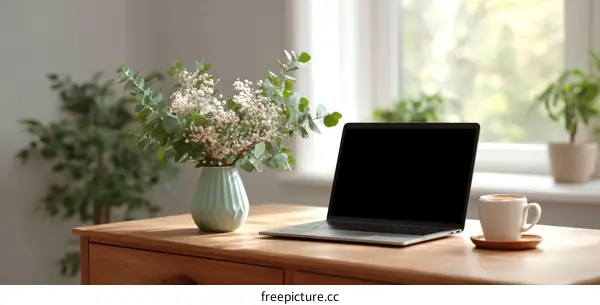 Modern Home Office Workspace with Laptop and Flowers