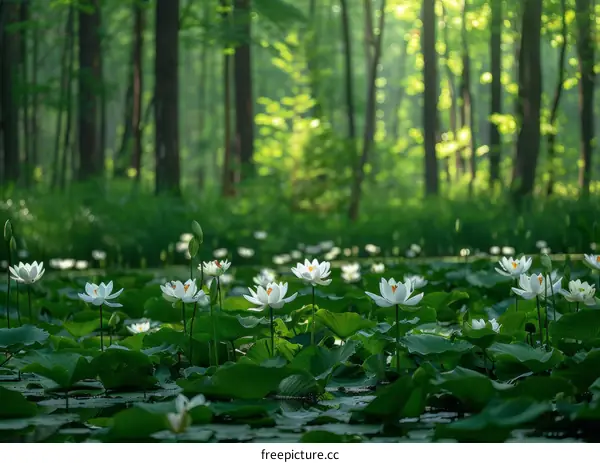 Water Lilies Blooming in a Sunlit Forest Pond