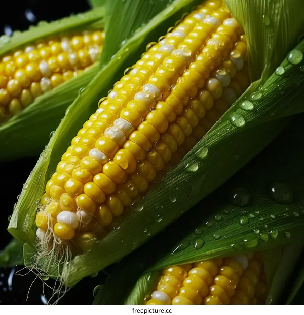 Close-up of fresh corn on the cob with water drops