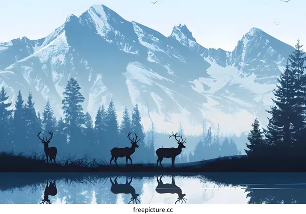 Mountain Landscape With Three Deer And Reflection In Water