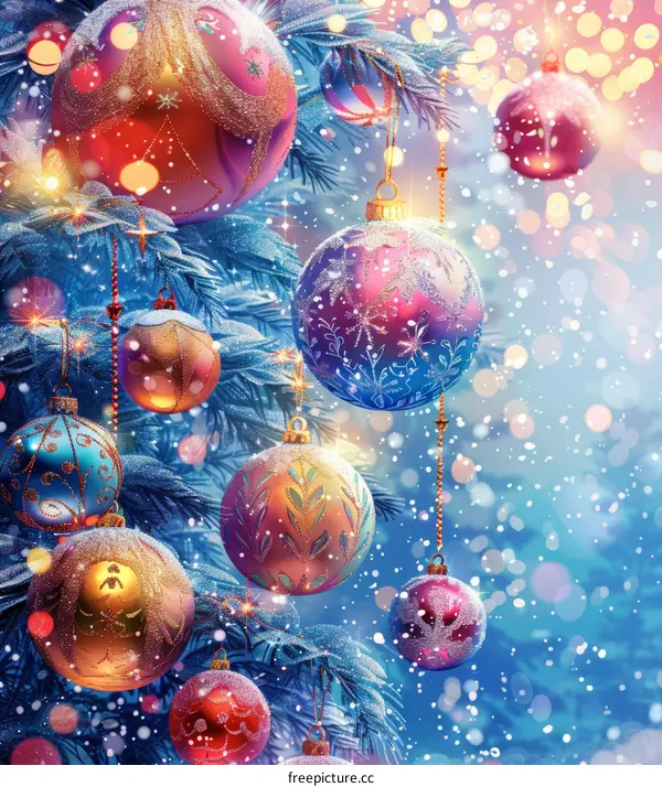 Christmas Tree with Ornaments and Snowflakes
