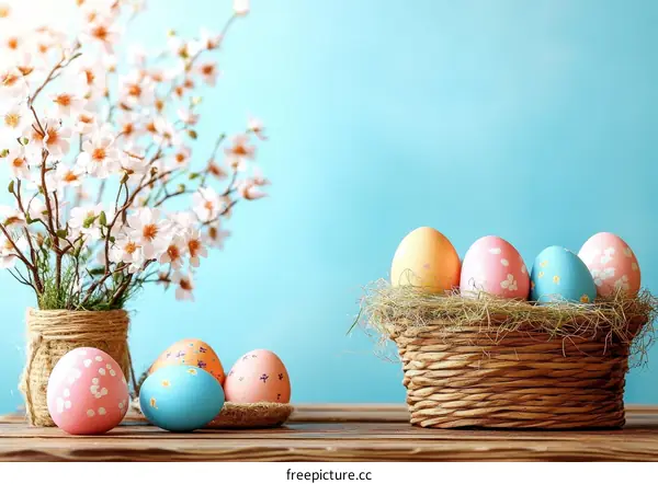 Easter Decor with Colorful Painted Eggs and Blossoms