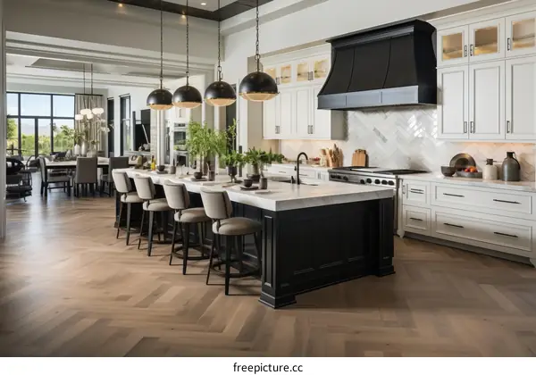 Modern Farmhouse Kitchen With White Cabinets and Dark Island