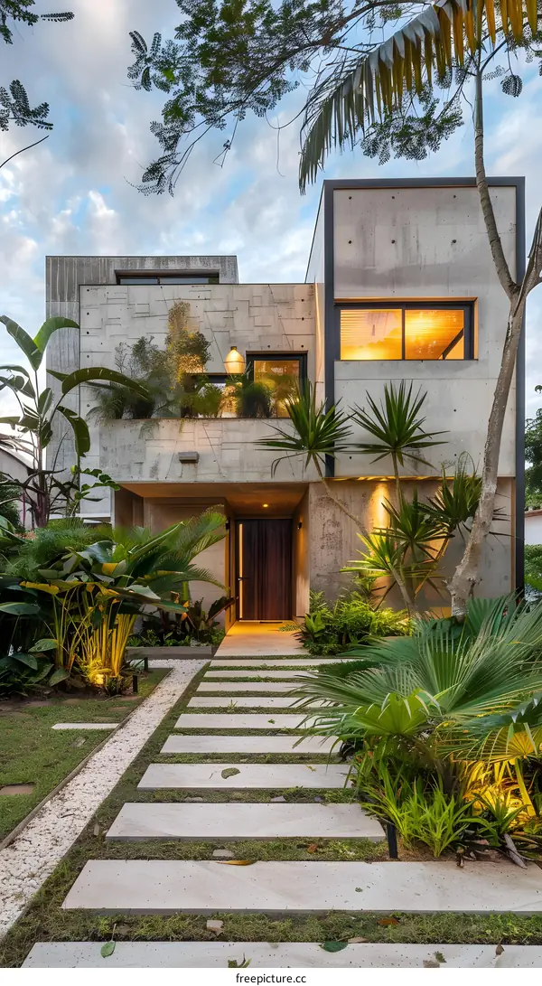 Modern Concrete Home with Lush Greenery and Stone Pathway