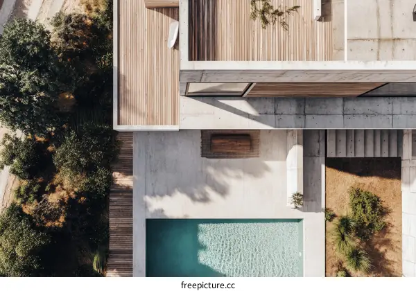 Modern Concrete House with Pool and Wooden Decks