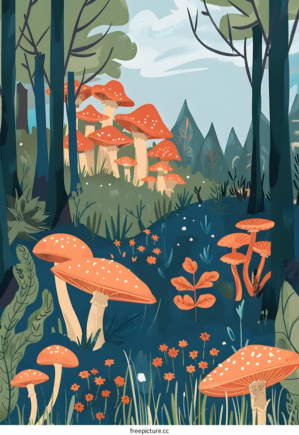 Forest Landscape With Colorful Mushrooms