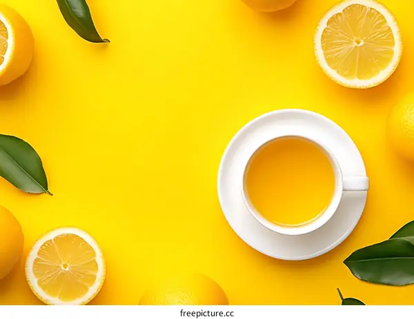 Fresh Lemon Tea With Whole Lemon Fruit And Leaves On Yellow Background