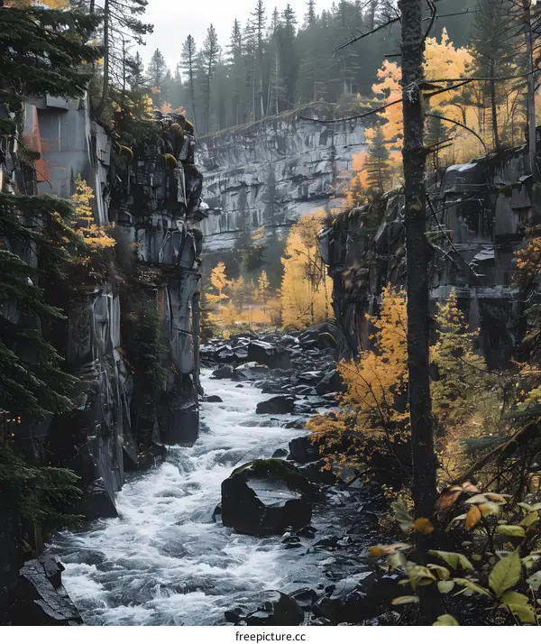 Autumn River Flowing Through Canyon