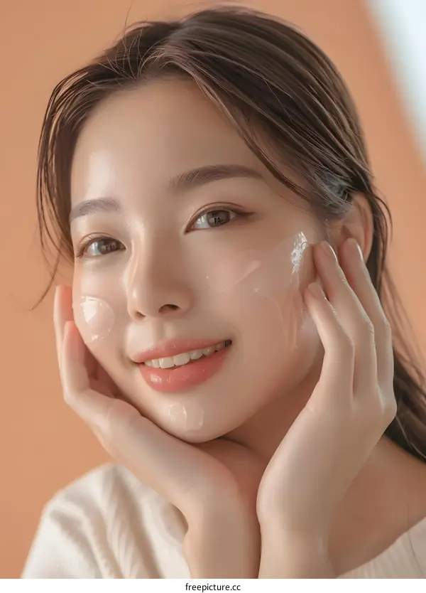 Young Woman with Clear Skin Applying Facial Cream