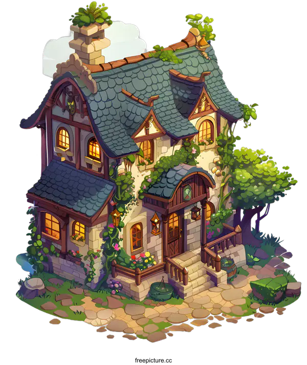 [Transparent Background PNG]Cartoon Cottage With Green Roof And Ivy