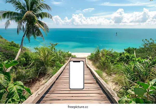 White Phone on Wooden Path to Beach