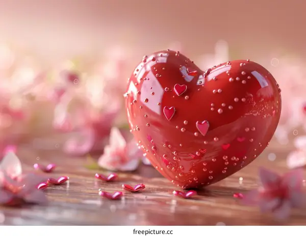 Red Heart on a Wooden Table with Pink Petals