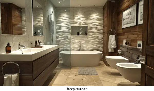 Modern Style Bathroom Interior Design with Wood Texture 3D Wall Panels and Luxury Fixtures