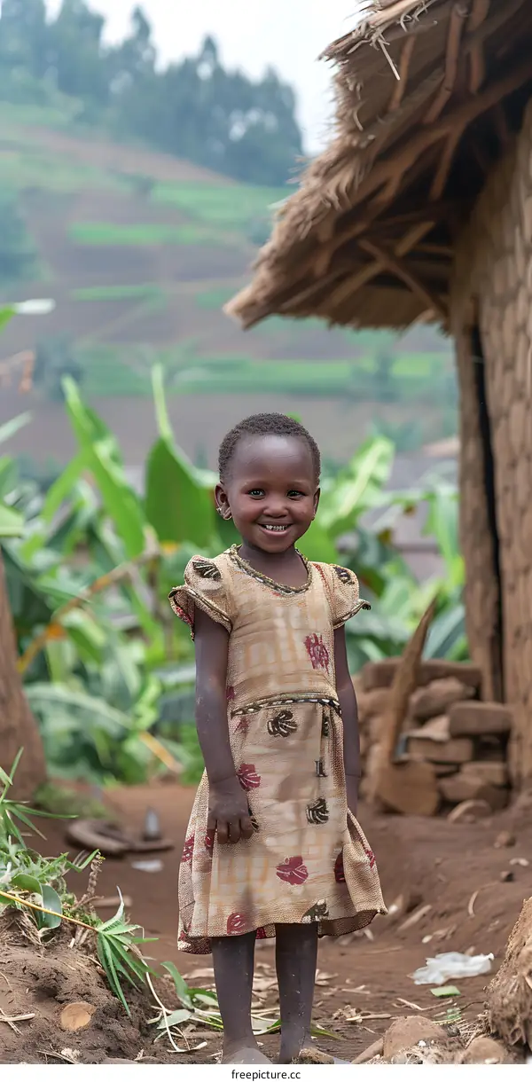 Little African girl smiling in front of a hut in Rwanda