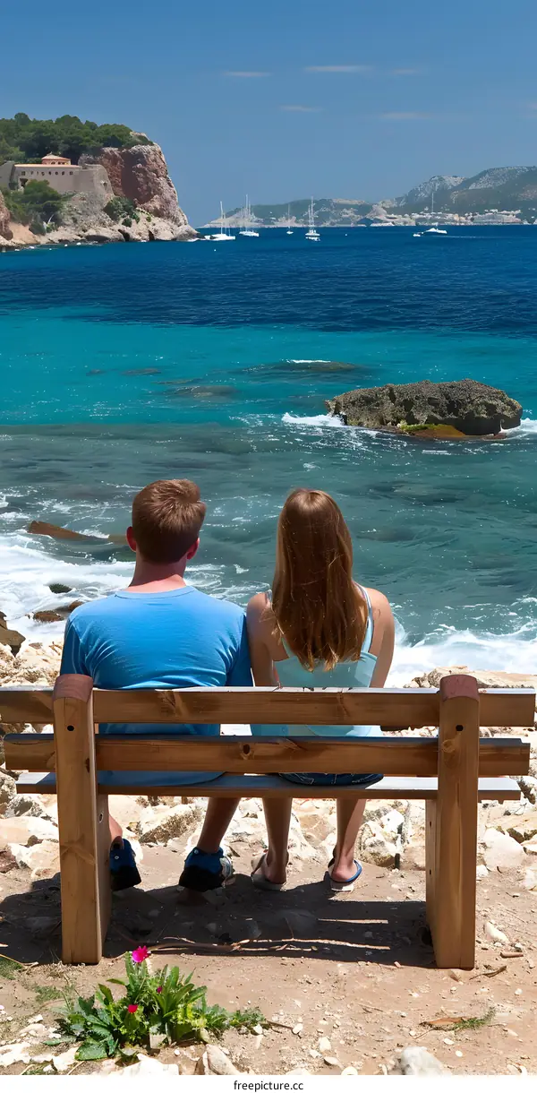 Couple Sitting on Bench by the Ocean