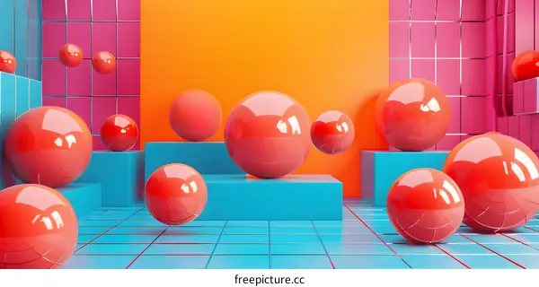 Abstract 3D Rendering with Colorful Spheres and Geometric Shapes