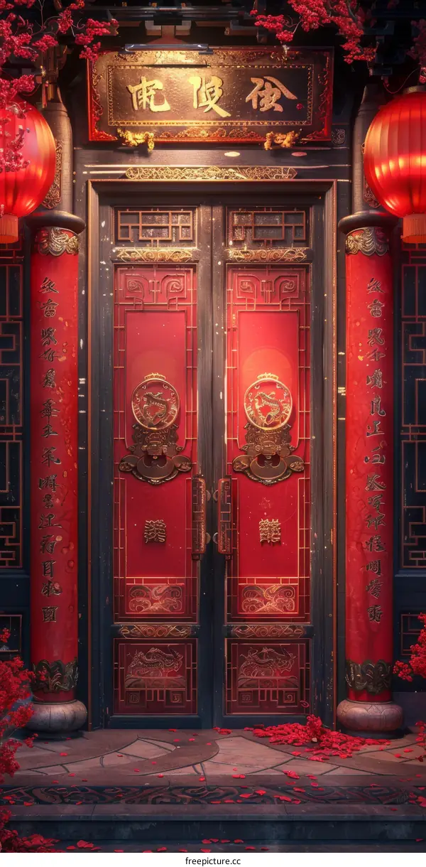 A red wooden door in Chinese style