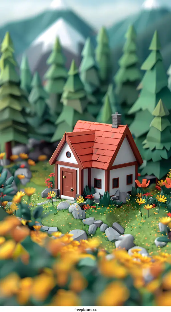 small house in the middle of a dense green pine forest