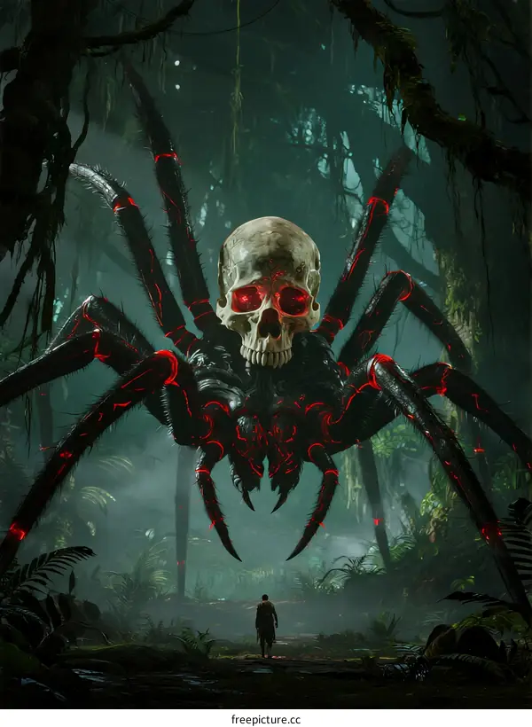Giant Skeleton Spider with Red Eyes in Mysterious Jungle