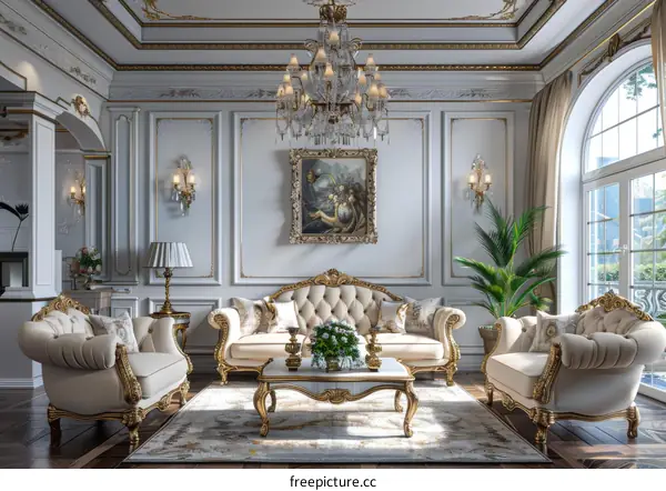 Ornate Living Room Interior with Yellow Armchairs and Sofa