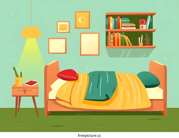 Cozy Bedroom Illustration with Bed, Bookshelf and Nightstand