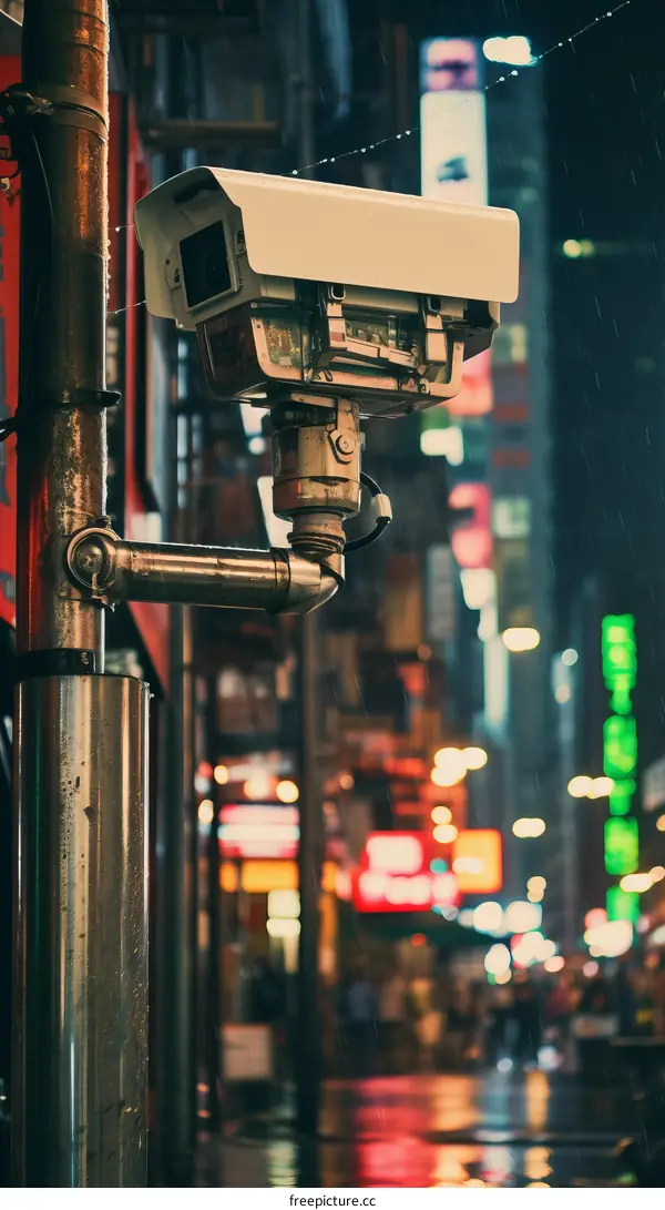 Surveillance camera mounted on a streetlight in a city at night
