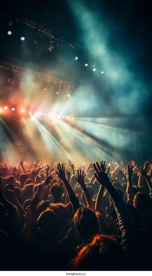 Audience watching a live music concert with their hands raised in the air