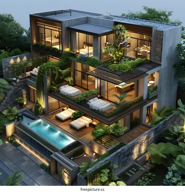 A modern villa with a pool and a garden