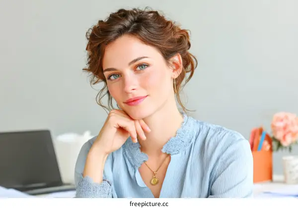 Confident Woman in Light Blue Shirt