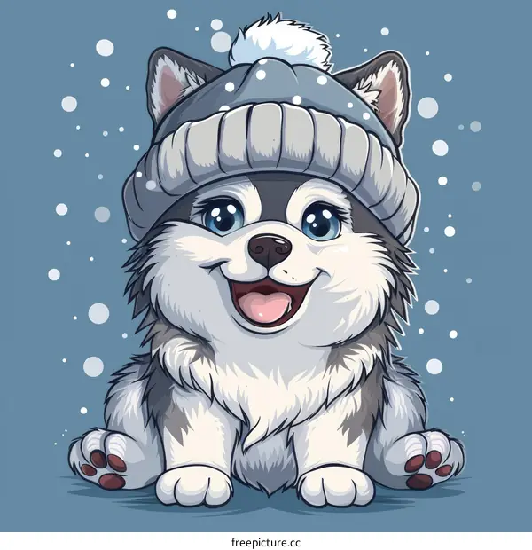Cute cartoon husky puppy wearing a blue beanie