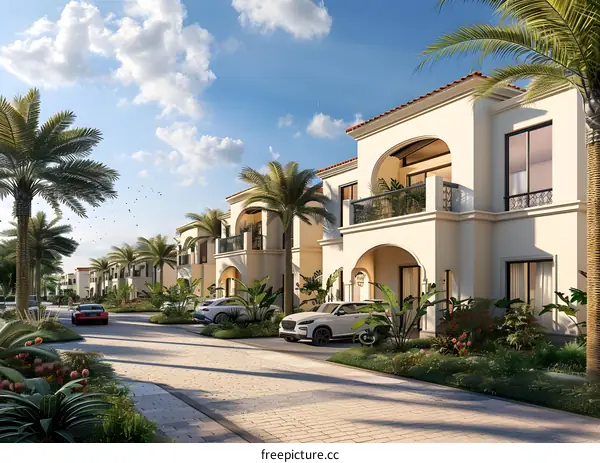 Modern residential buildings with palm trees