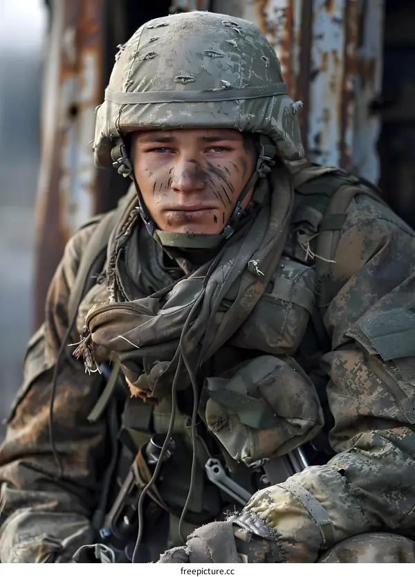 Portrait of a soldier in a helmet and camouflage