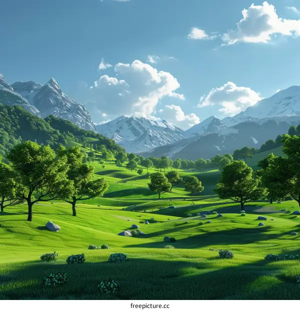 Serene Landscape of Rolling Green Hills with Majestic Snow-Capped Mountains