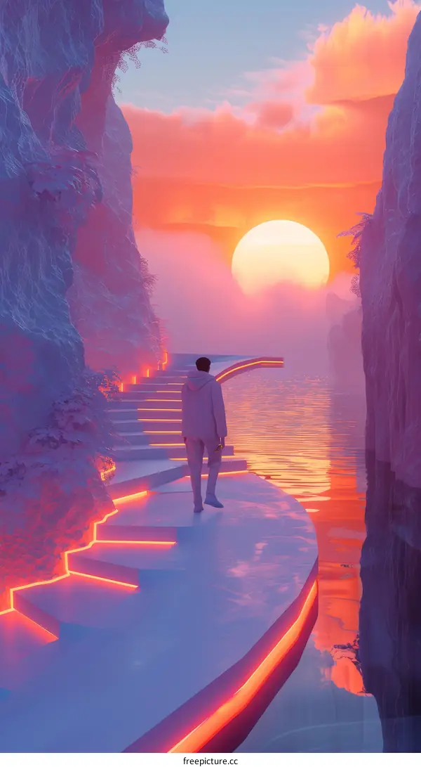 Solitary Wanderer on a Cliffside Path at Sunset