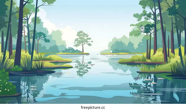 Peaceful Summer Forest Lake Landscape Illustration
