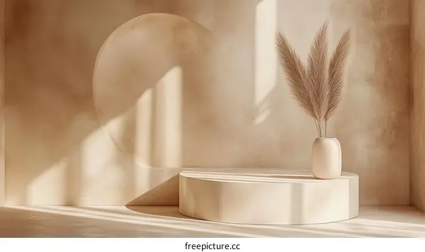 Beige Minimalist Display Podium with Pampas Grass