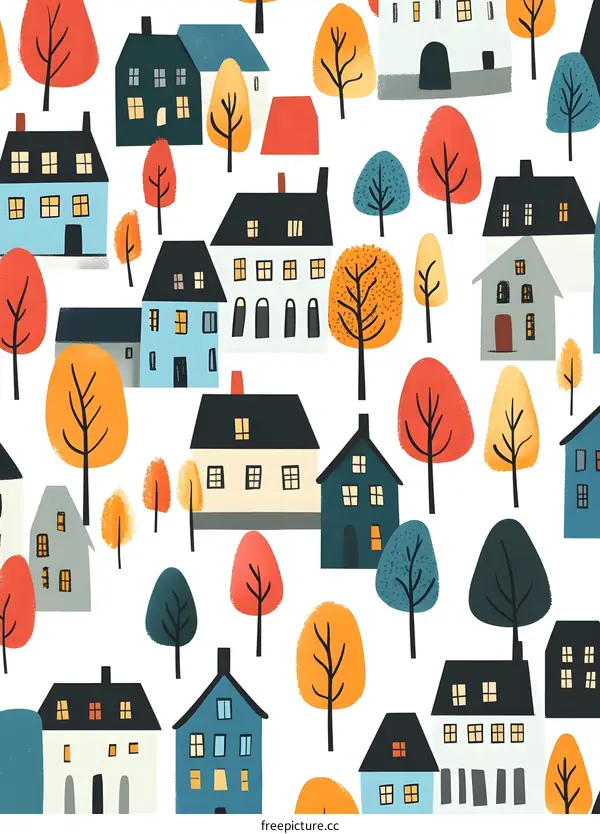 Colorful Houses and Trees Seamless Pattern